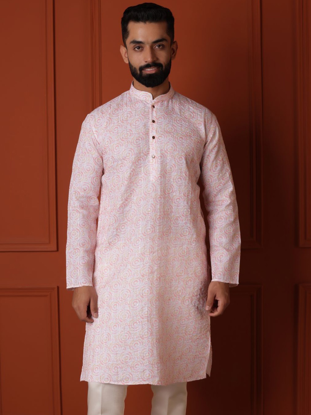 

Lightpole Men Ethnic Motifs Thread Work Handloom Kurta, Orange