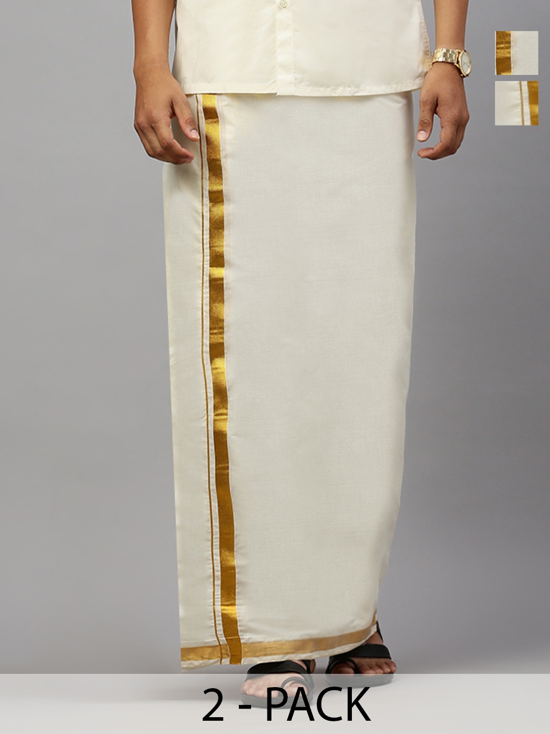 

Ramraj Pack of 2 Men Cotton Double Dhotis with Jari Border, Cream