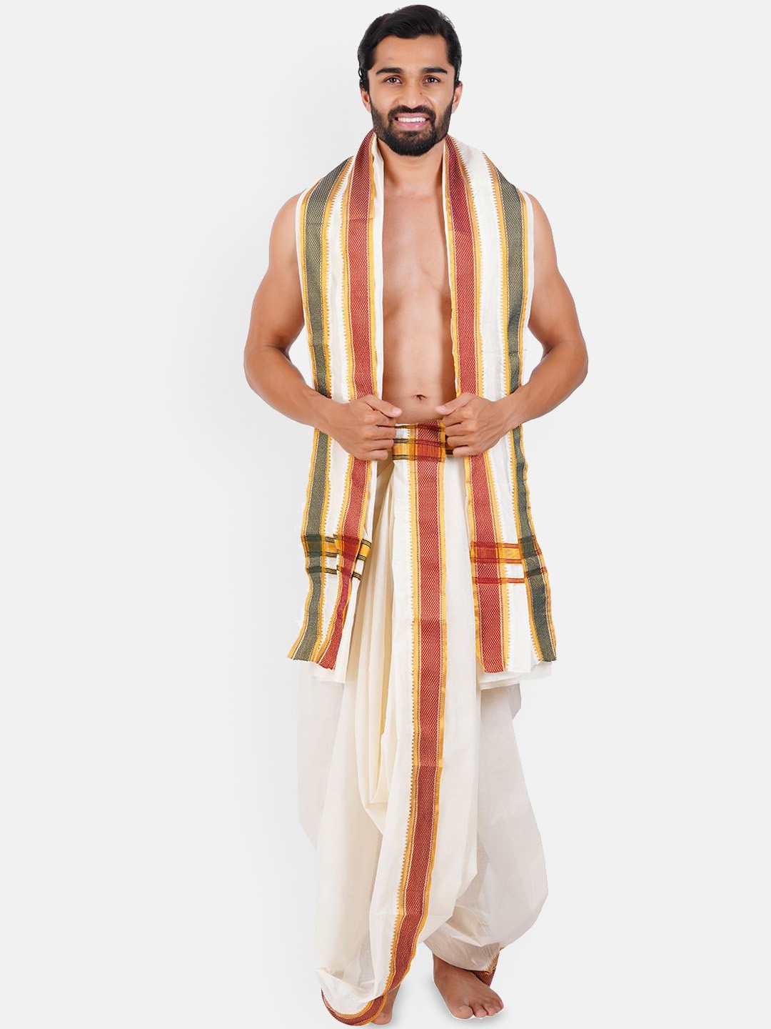 

Ramraj Men 100% Kora Cotton Panchakacham with Angavasthram, Cream
