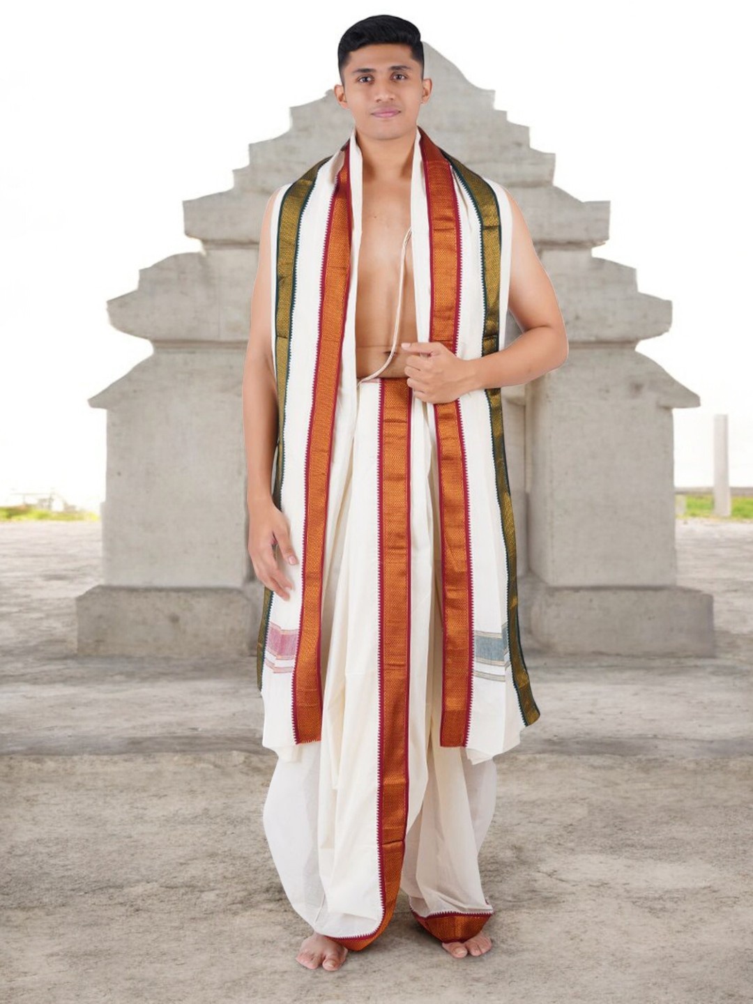 

Ramraj Men Kora Cotton Panchakacham with Angavasthram, Cream