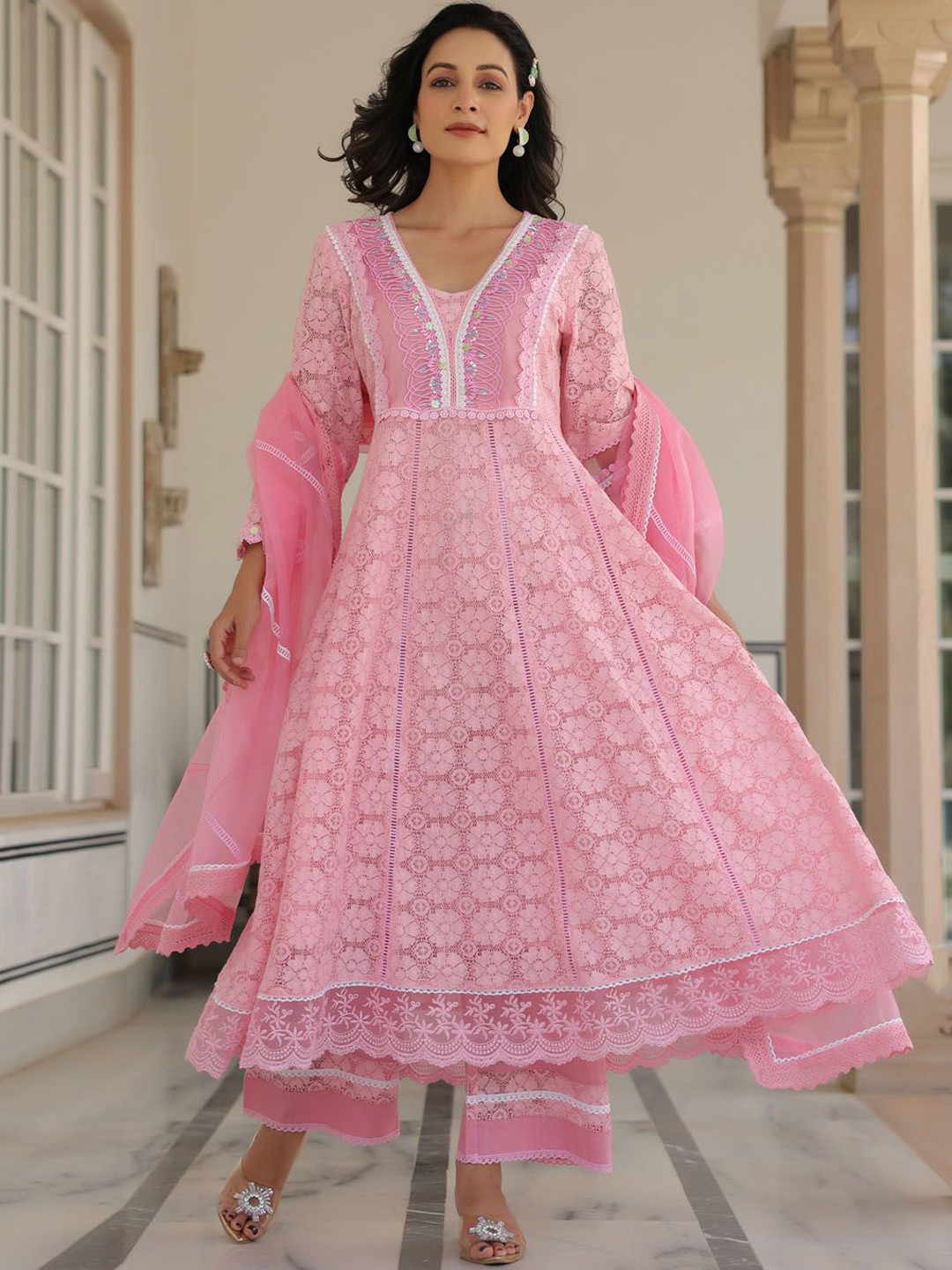 

Meena Bazaar Floral Printed Gotta Patti Anarkali Kurta with Trousers & Dupatta, Pink
