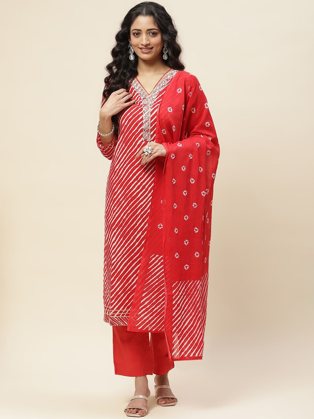 

Meena Bazaar Leheriya Printed Thread Work Kurta with Trousers & Dupatta, Red