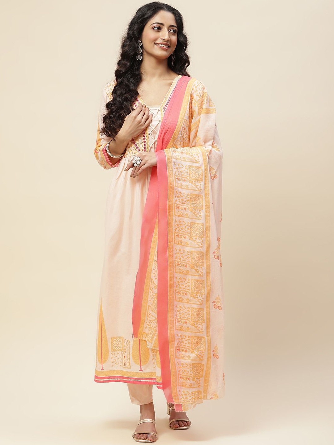 

Meena Bazaar Floral Embroidered Anarkali Kurta With Trousers & Dupatta, Peach