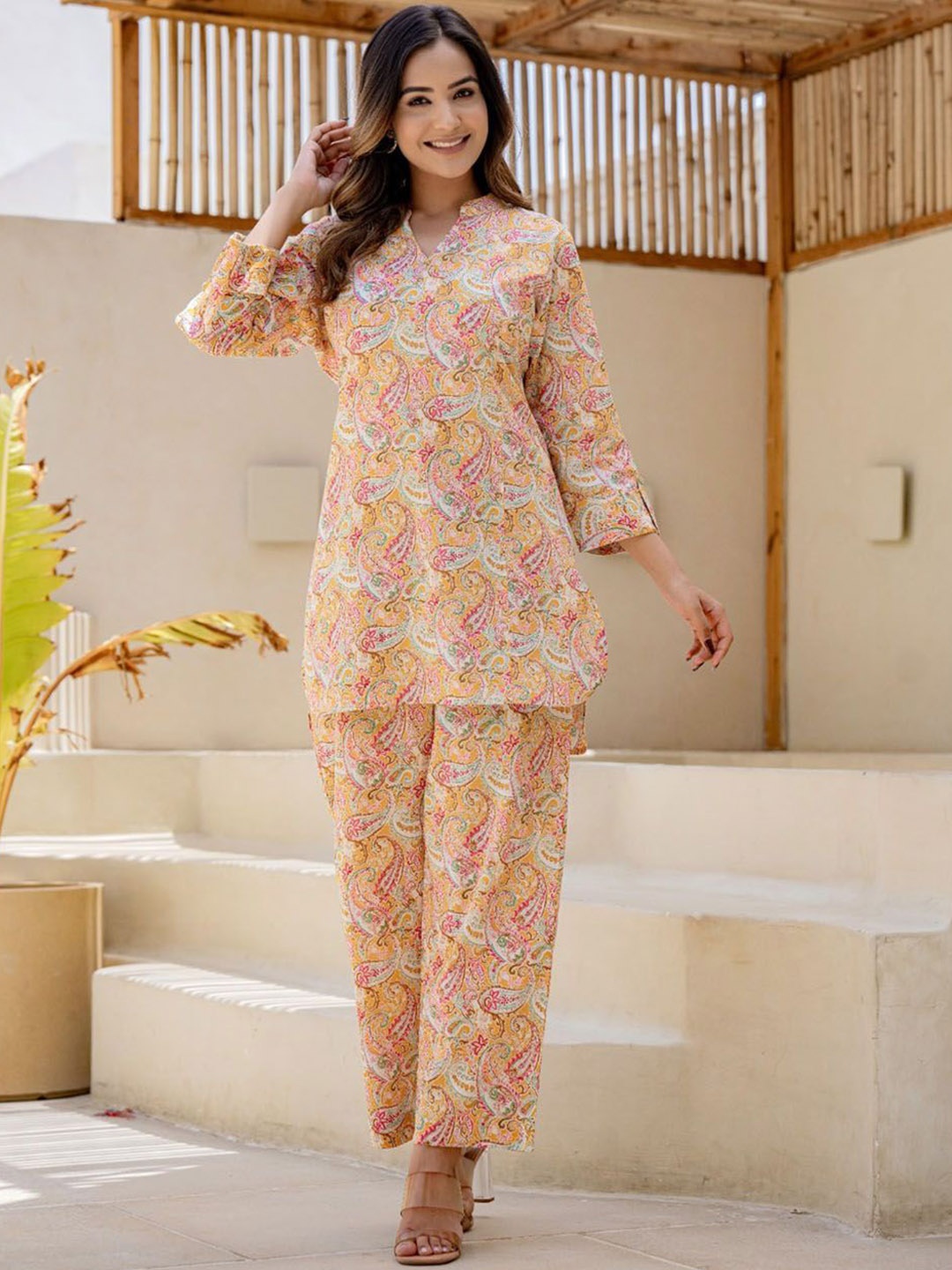 

Meena Bazaar Paisley Printed Band Collar Tunic With Trousers, Yellow