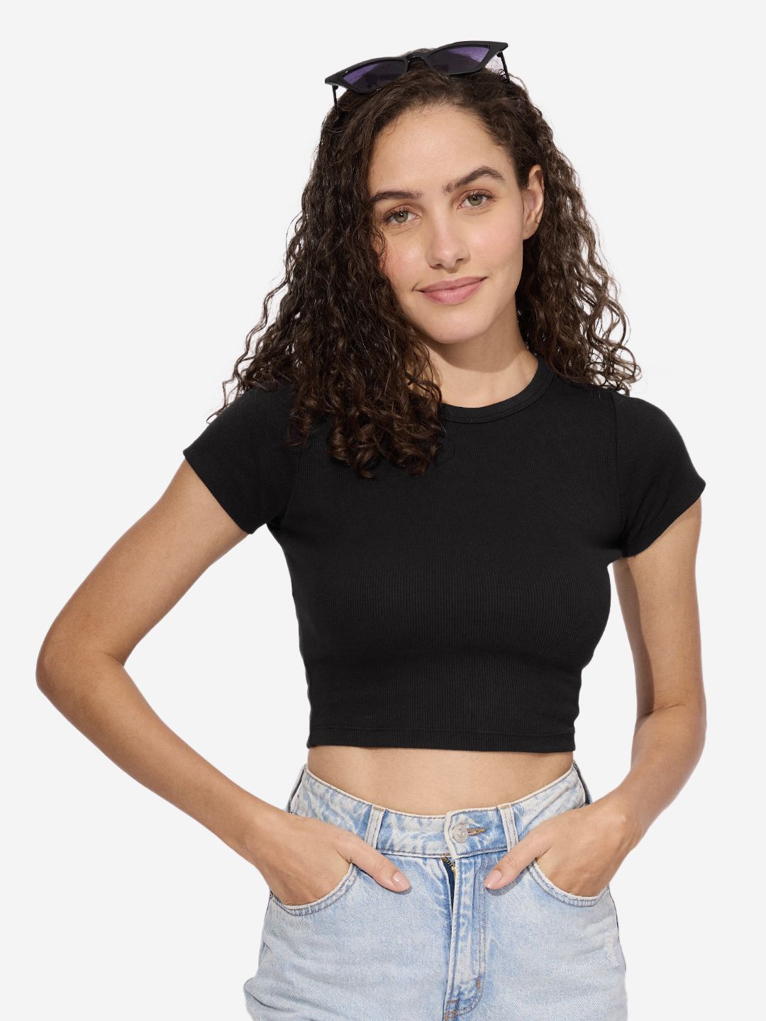 

The Souled Store Solid Round Neck Crop Top, Black