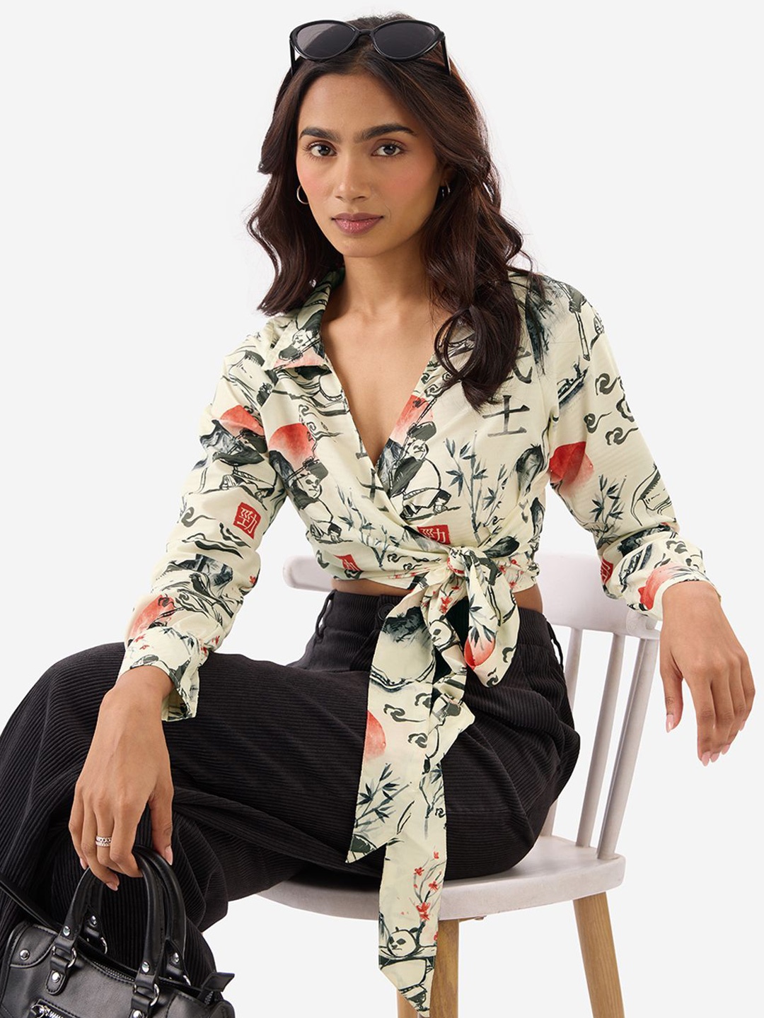 

The Souled Store Graphic Printed Shirt Collar Wrap Top, Off white