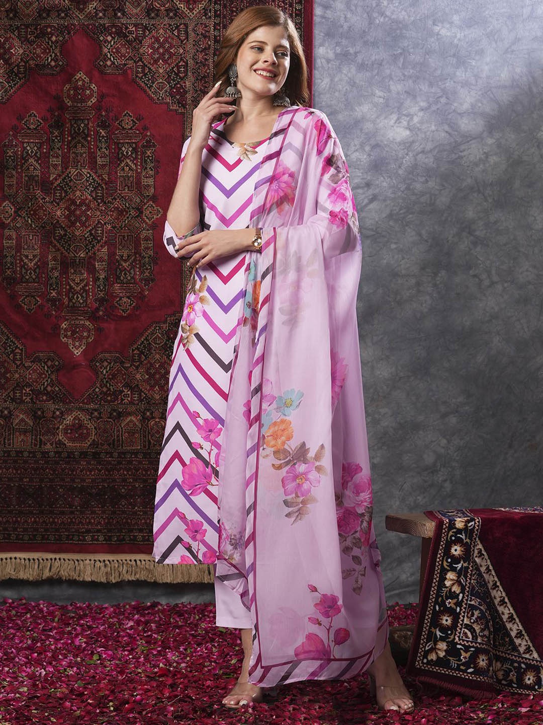 

KALINI Floral Printed Round Neck Straight Kurta with Trousers & Dupatta, Pink