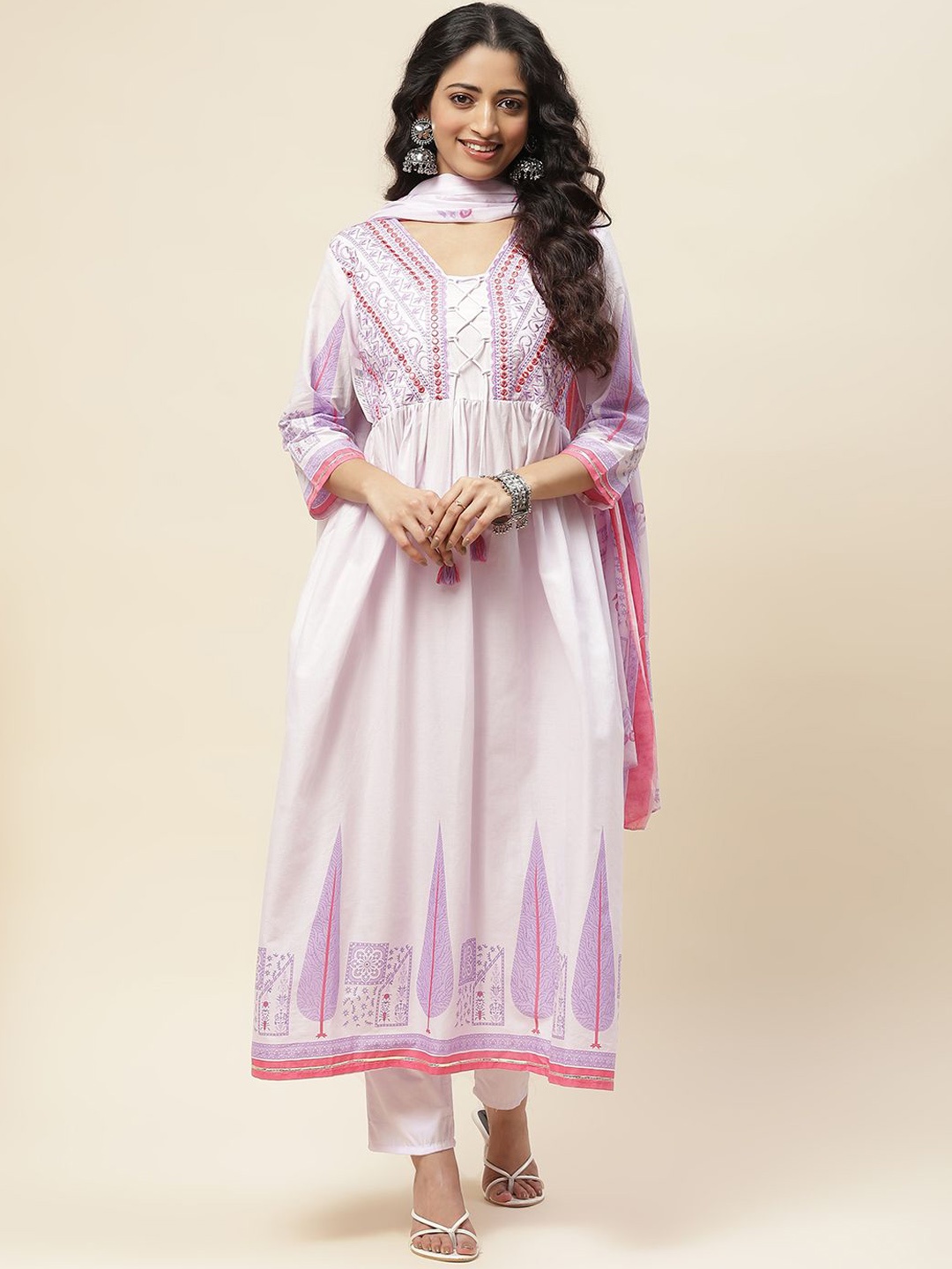 

Meena Bazaar Floral Embroidered Anarkali Kurta With Trousers & Dupatta, Lavender