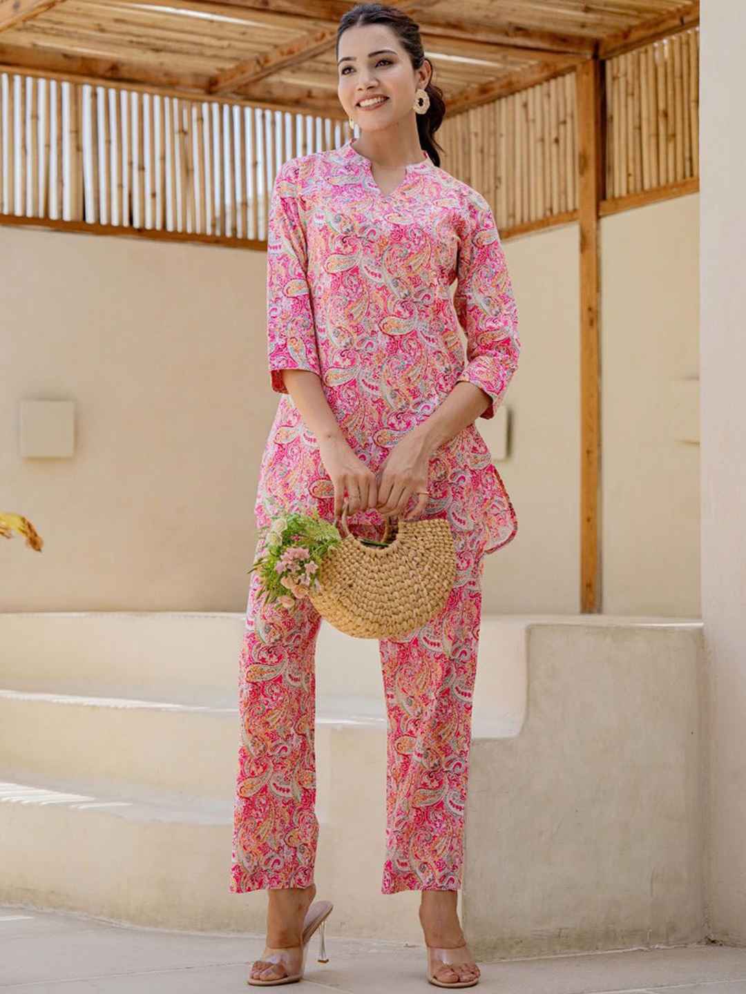 

Meena Bazaar Paisley Printed Band Collar Tunic With Trousers, Pink