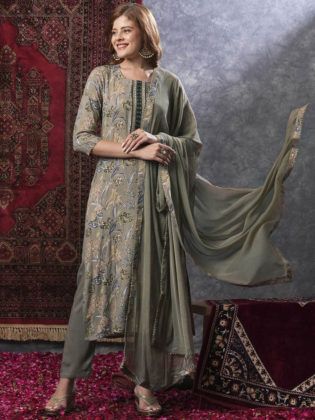 

KALINI Floral Printed Straight Kurta with Trousers & Dupatta, Grey