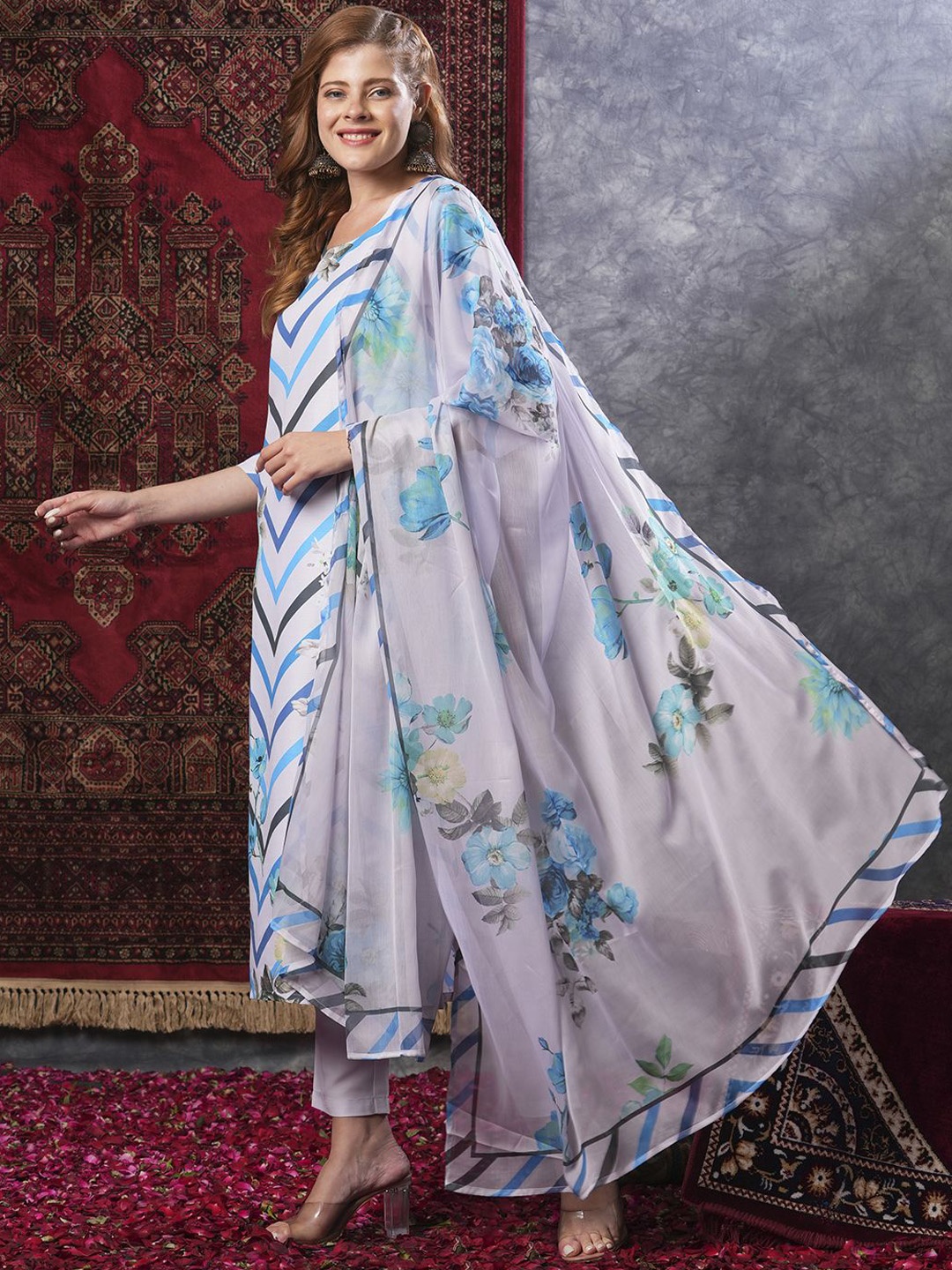 

KALINI Floral Printed Straight Kurta With Trousers & Dupatta, White