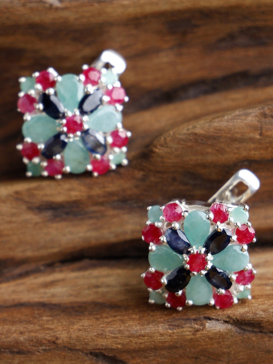 

Exotic India Sapphire, Ruby & Emerald Gemstone Rhomboid Sterling Silver Earrings