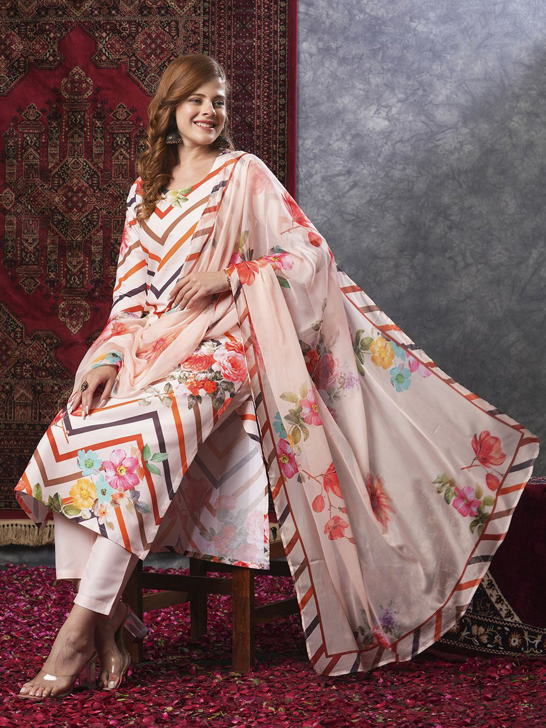 

KALINI Floral Printed Round Neck Straight Kurta with Trousers & Dupatta, Peach