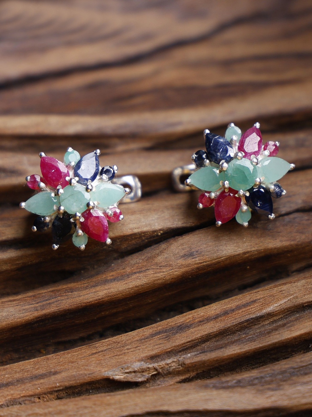 

Exotic India Sapphire, Ruby & Emerald Stone Sterling Silver Floral Earrings