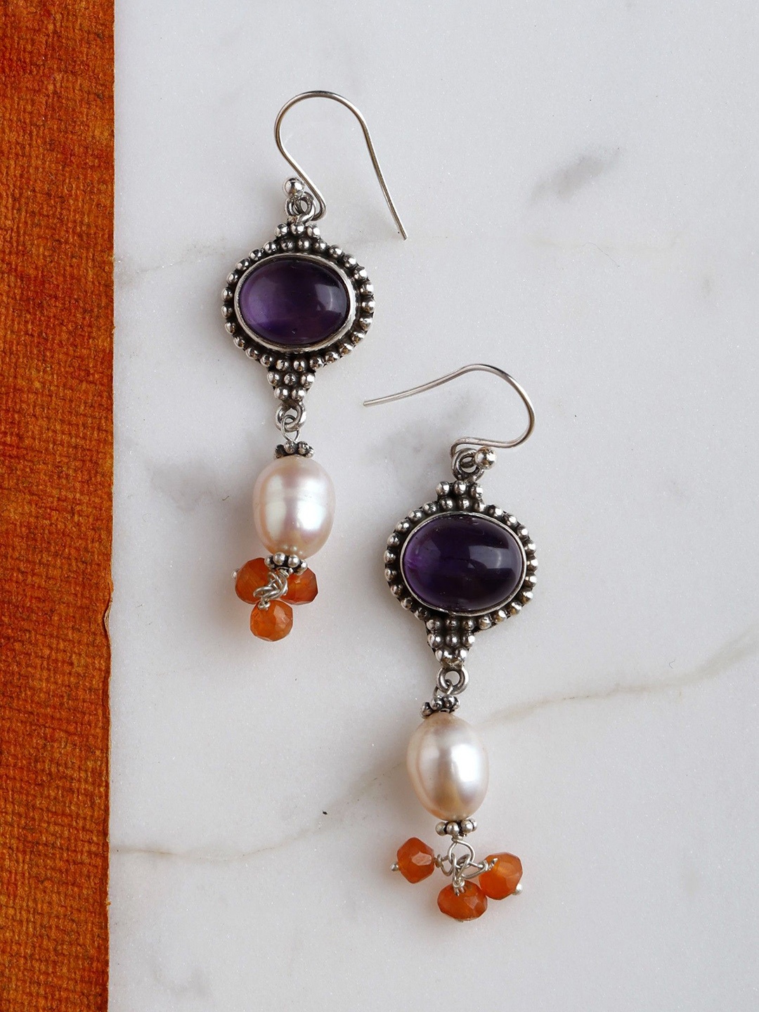 

Exotic India Amethyst, Carnelian & Pearl Stone Sterling Silver Earrings