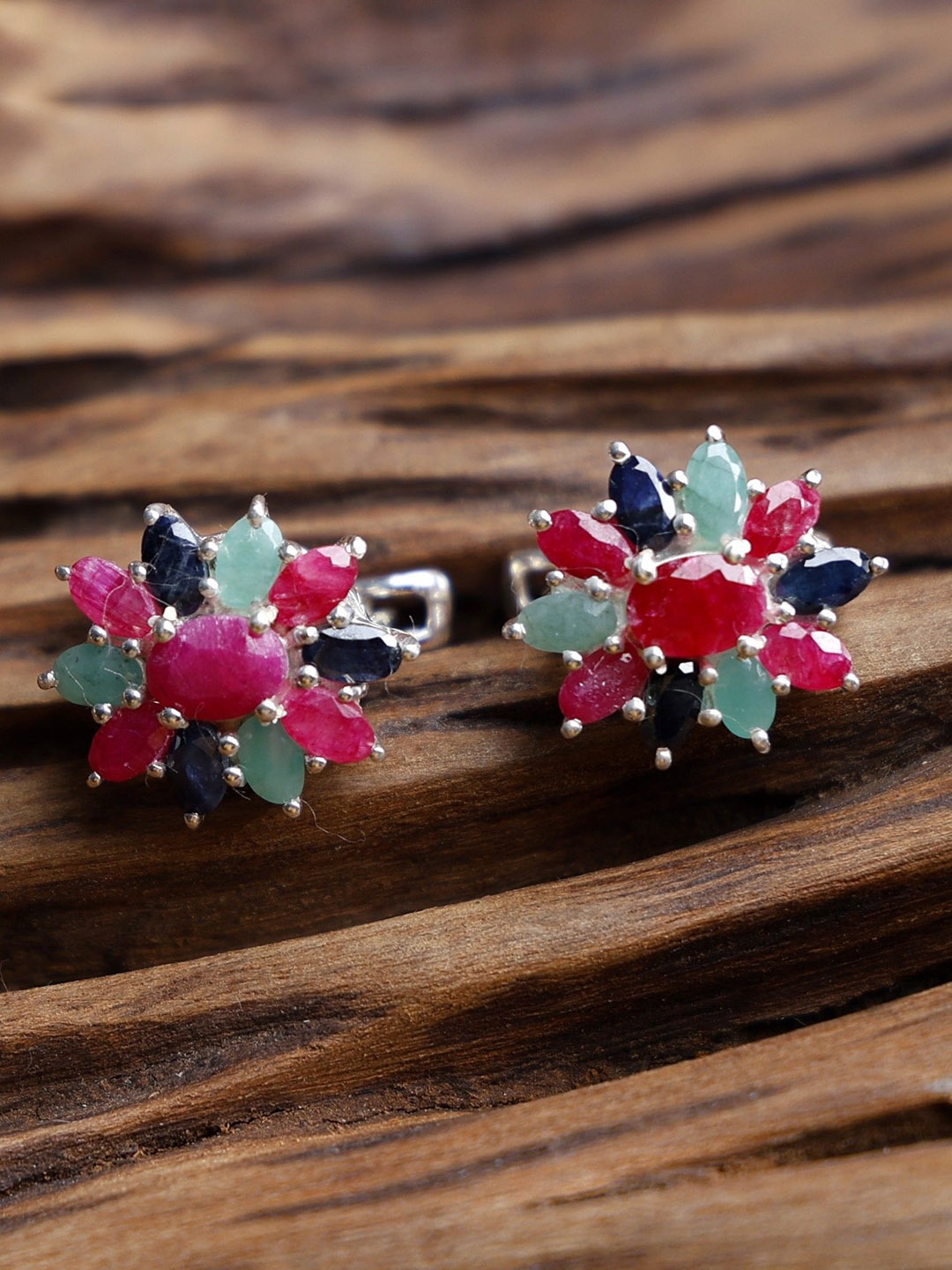 

Exotic India Silver-Plated Faceted Sapphire Ruby & Emerald Sterling Silver Studs Earrings