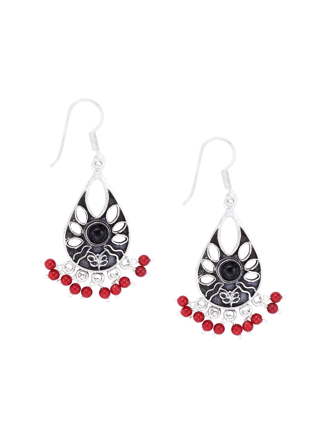 

Exotic India Black Onyx and Coral Stone Dangling Ethnic Style Sterling Silver Earrings