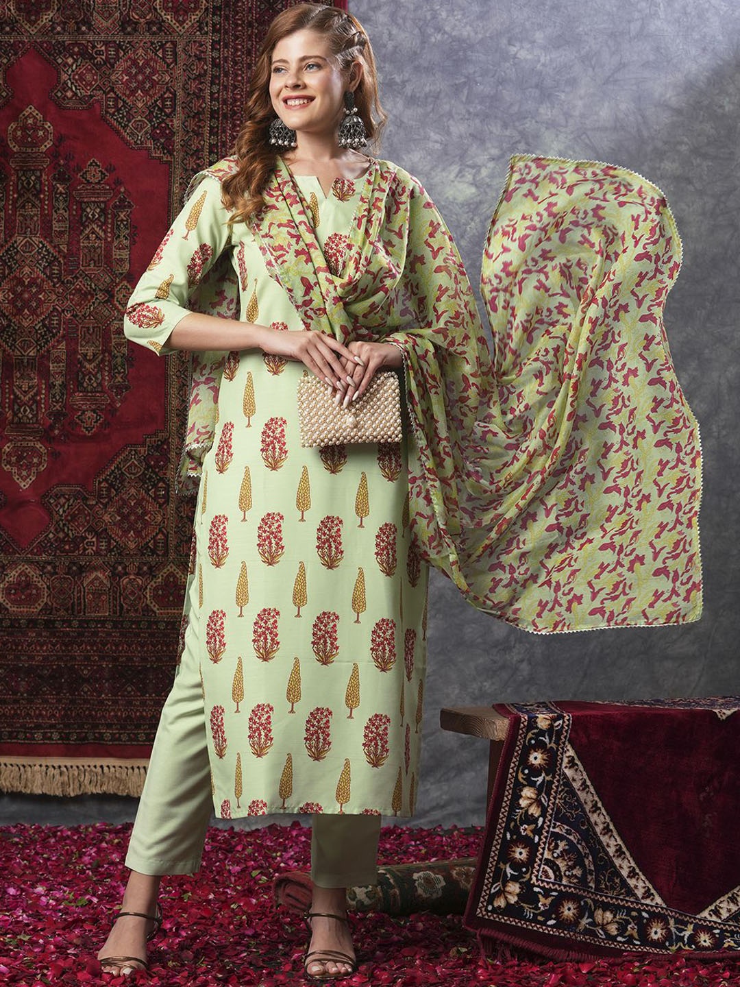 

KALINI Floral Printed Notch Neck Straight Kurta With Trousers & Dupatta, Green