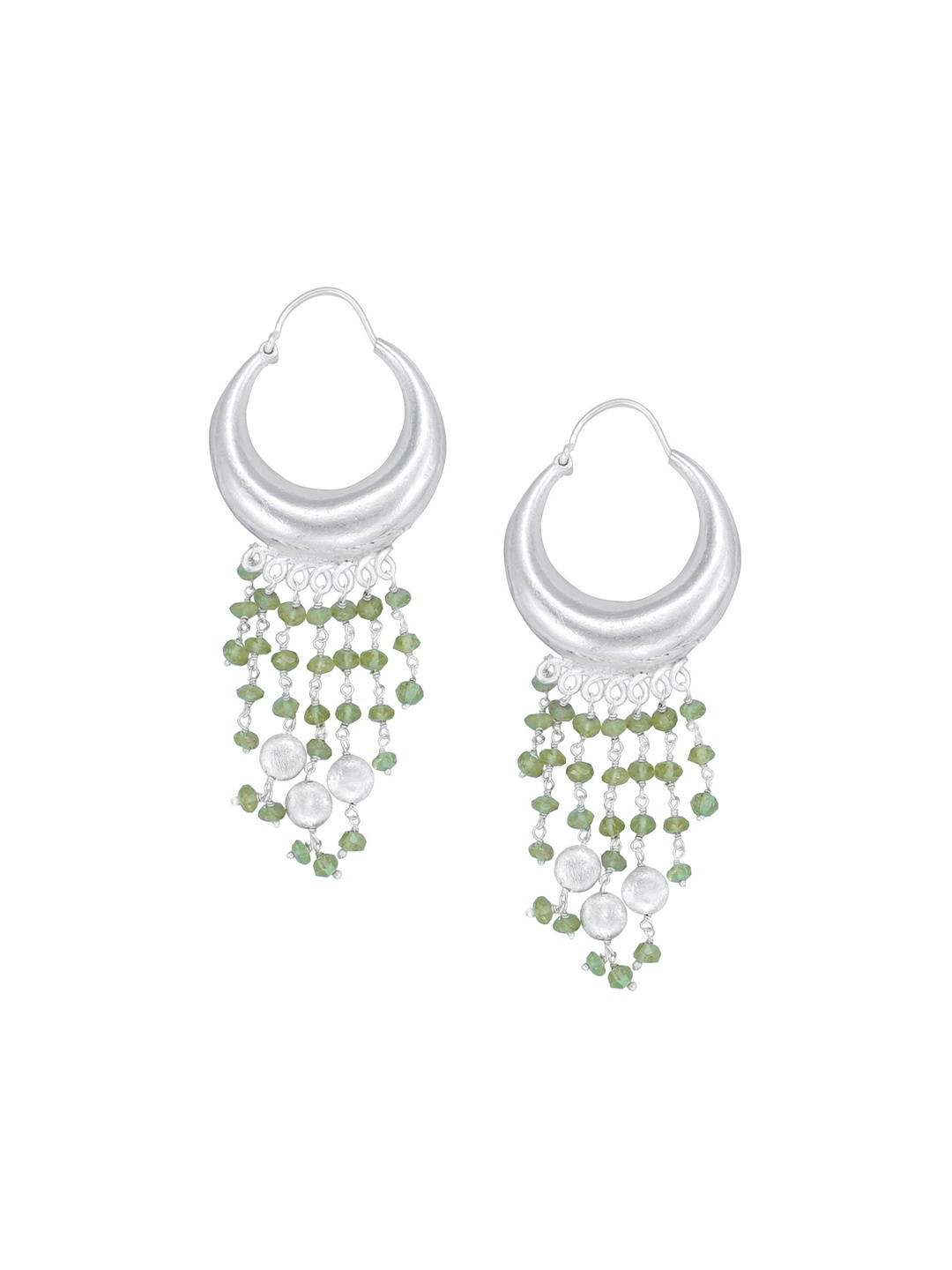 

Exotic India Peridot Bead Dangles Sterling Silver Long Size Earrings, Green