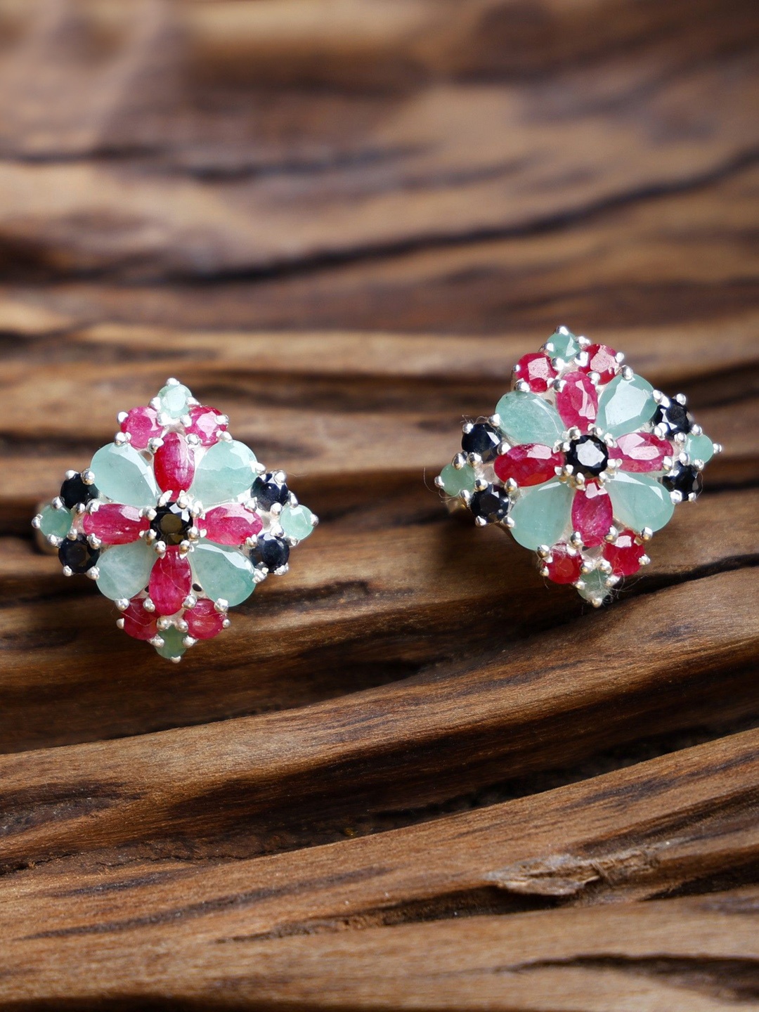 

Exotic India Sapphire, Ruby & Emerald Gemstone Diamond Shape Sterling Silver Earrings