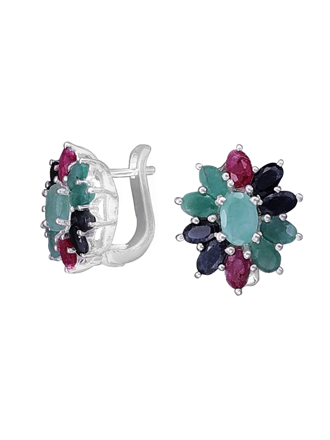 

Exotic India Silver-Plated Ruby Sapphire & Emerald Sterling Silver Studs Earrings