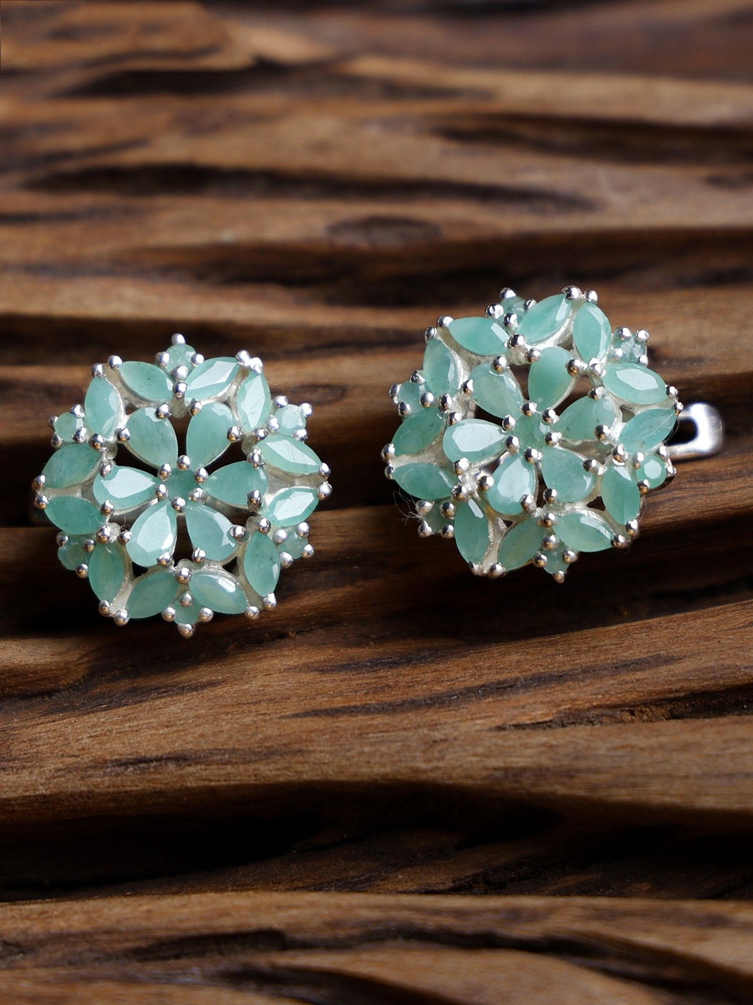 

Exotic India Faceted Emerald Gemstone Sterling Silver Floral Earrings