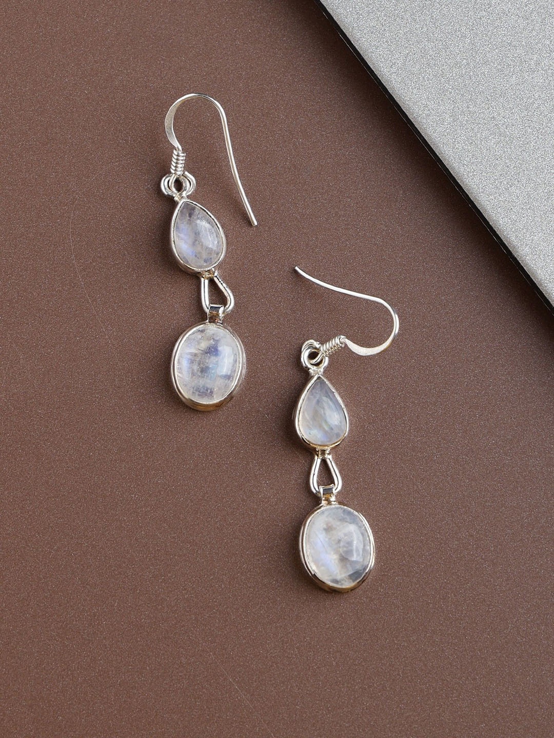 

Exotic India Rainbow Moonstone Cabochon Sterling Silver Earrings