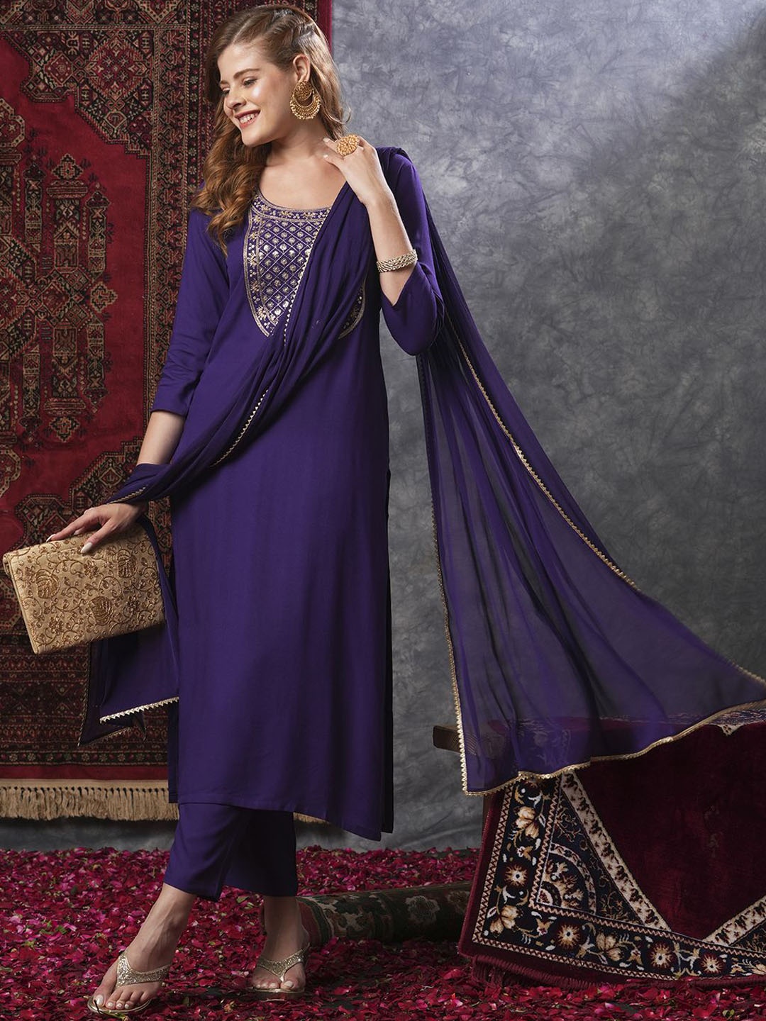 

KALINI Floral Yoke Design Thread Work Straight Kurta with Trousers & Dupatta, Blue