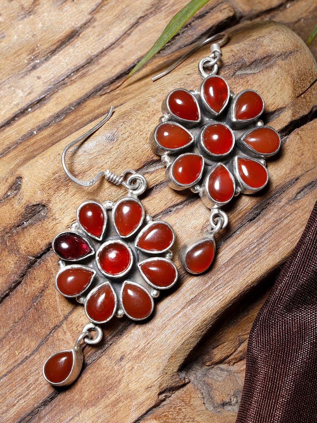

Exotic India Silver-Plated Carnelian Gemstone Floral Sterling Silver Drop Earrings