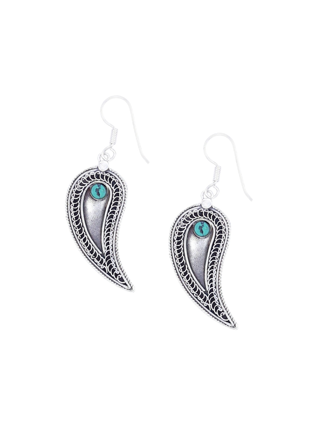 

Exotic India Turquoise Stone Sterling Silver Leaf Design Studded Earrings