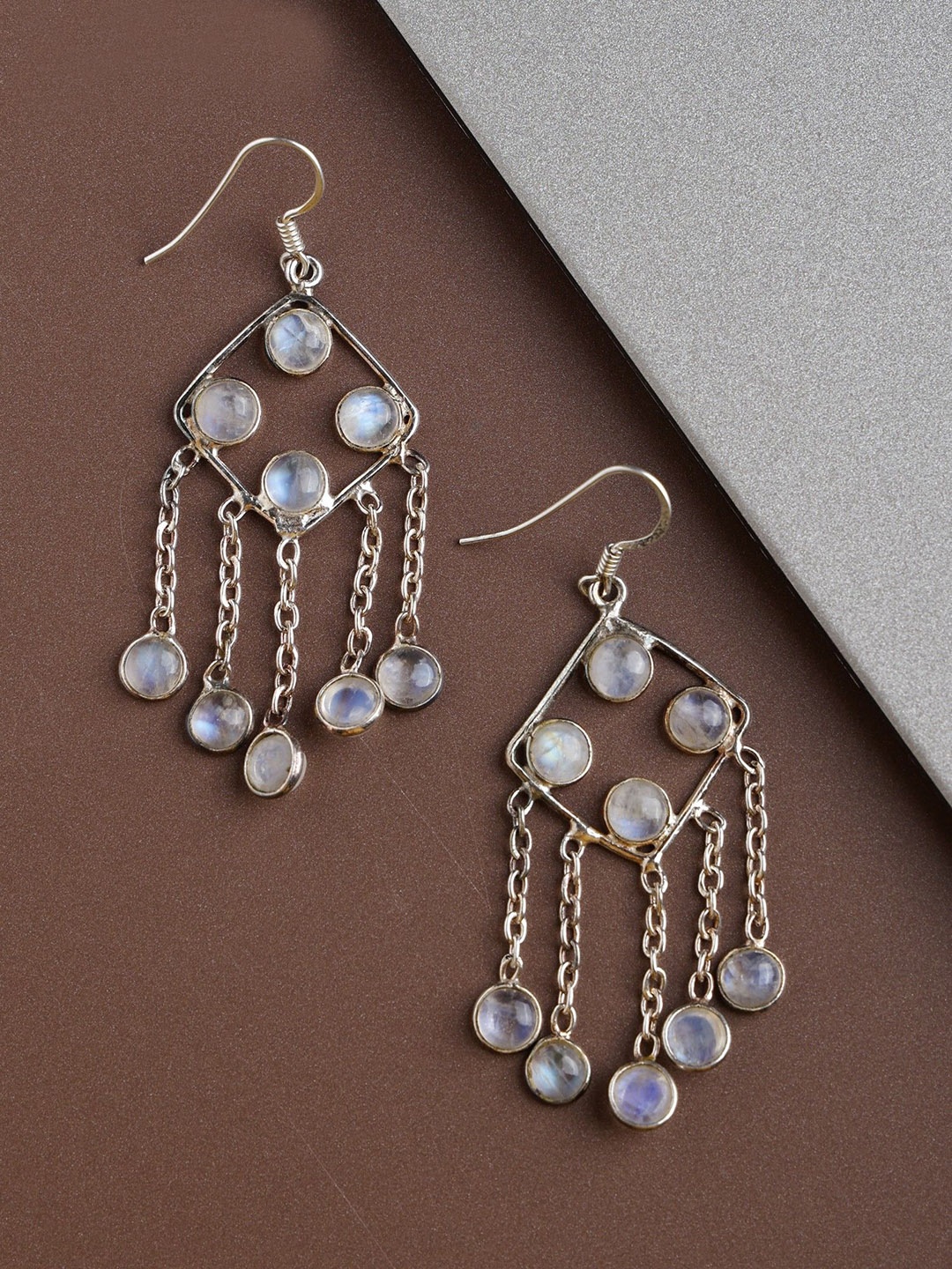 

Exotic India Silver-Plated Stone-Studded Sterling Silver Contemporary Drop Earrings