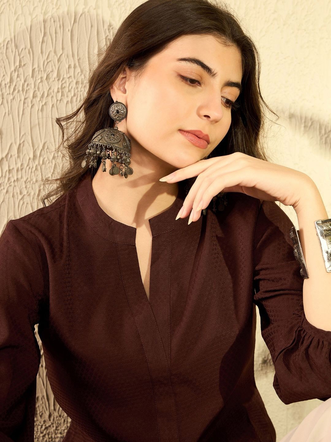 

KALINI Mandarin Collar Top, Brown