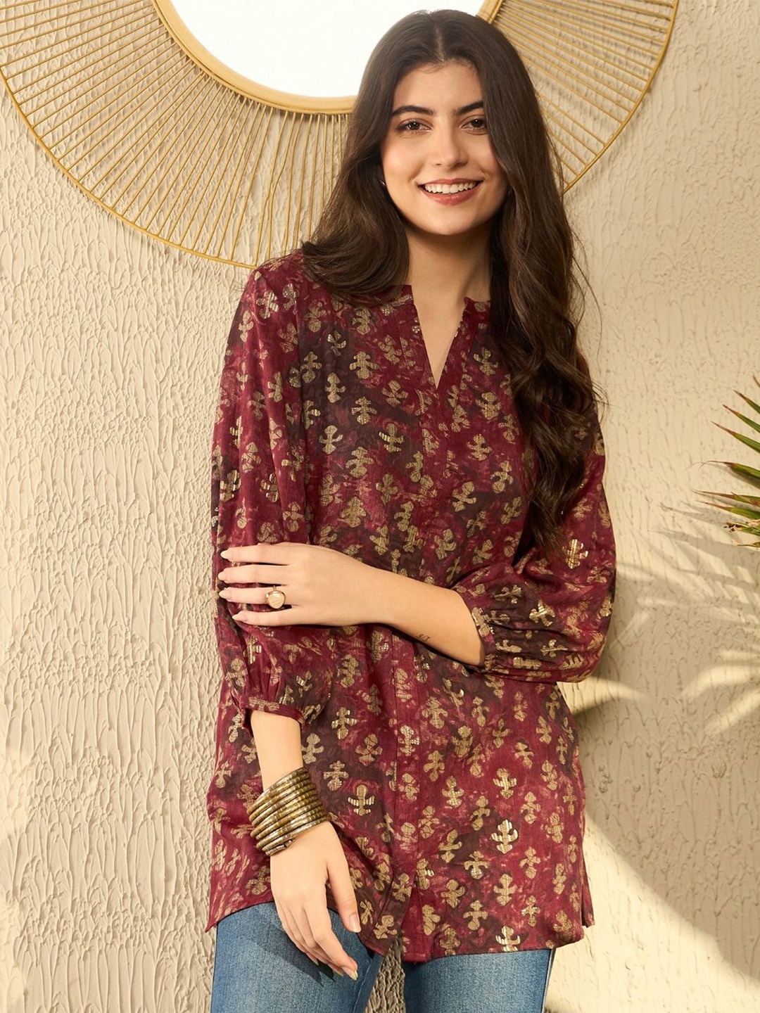 

KALINI Floral Print Mandarin Collar Top, Maroon