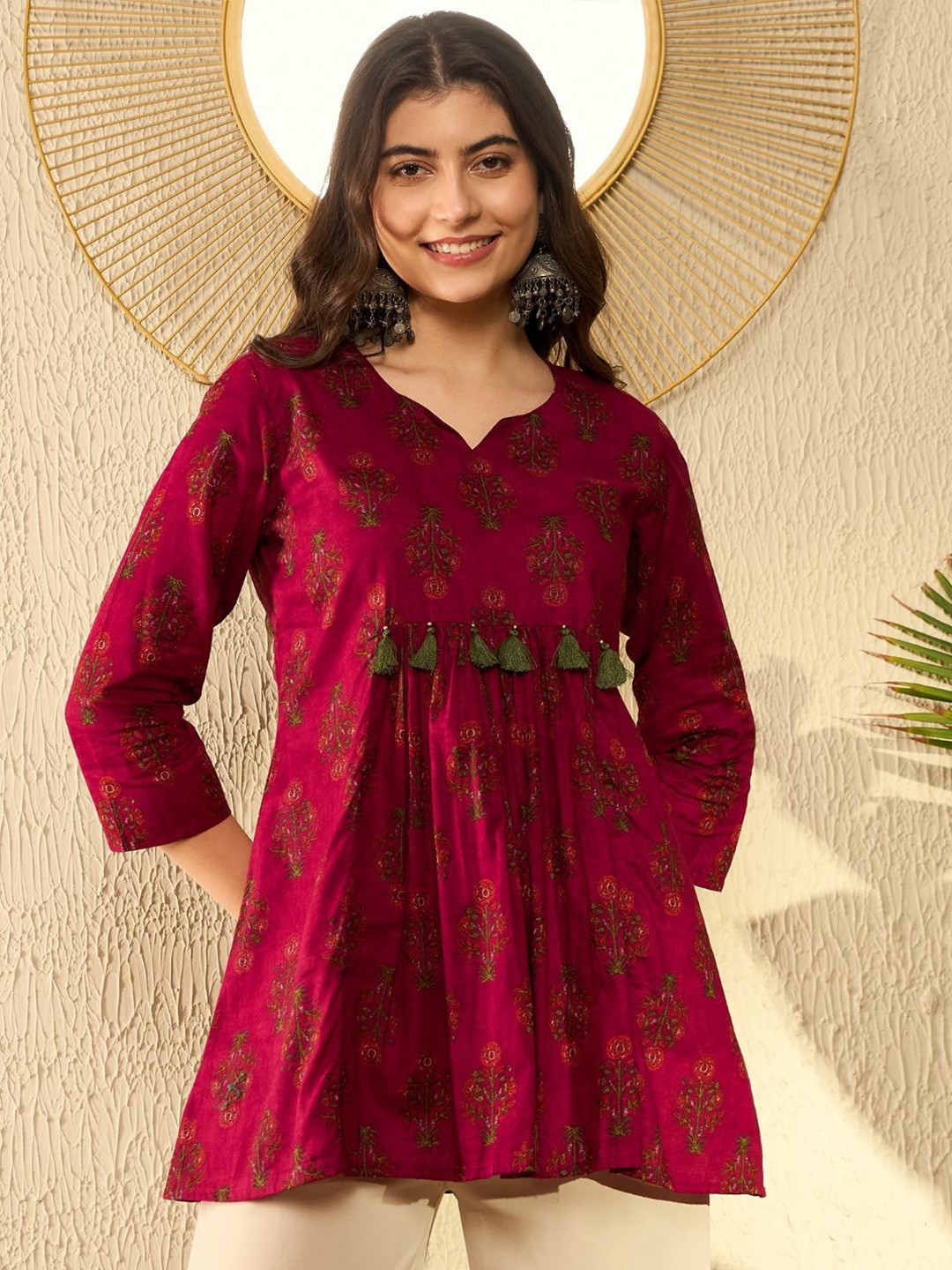 

KALINI Print Ethnic Longline Top, Maroon