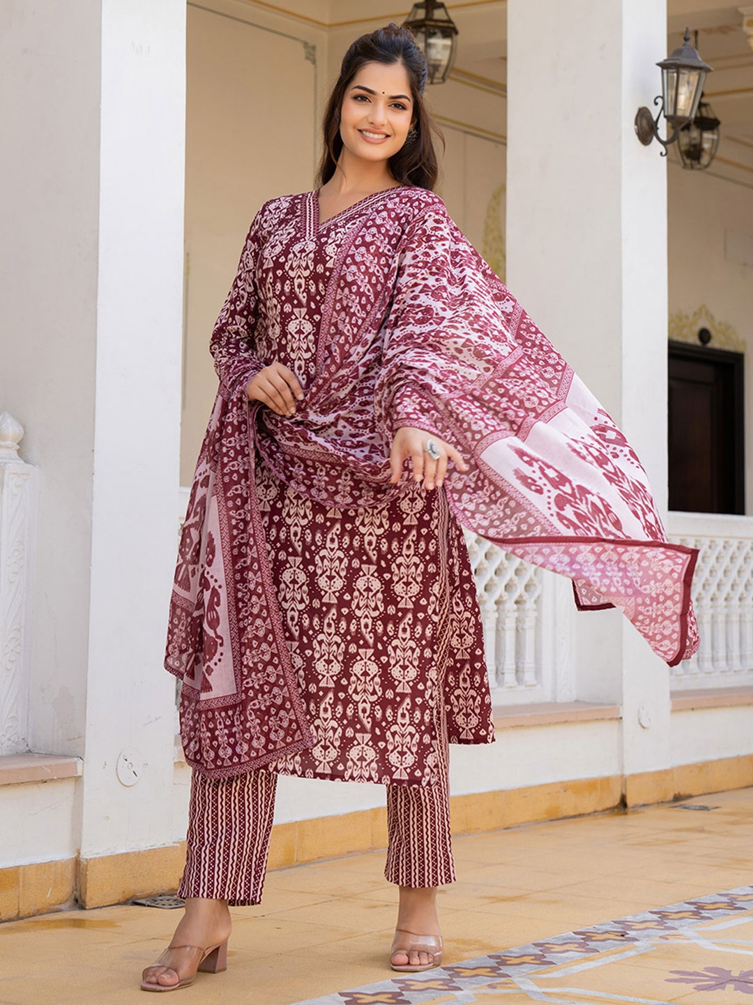 

KALINI Ethnic Motifs Printed Straight Kurta with Trousers & Dupatta, Maroon