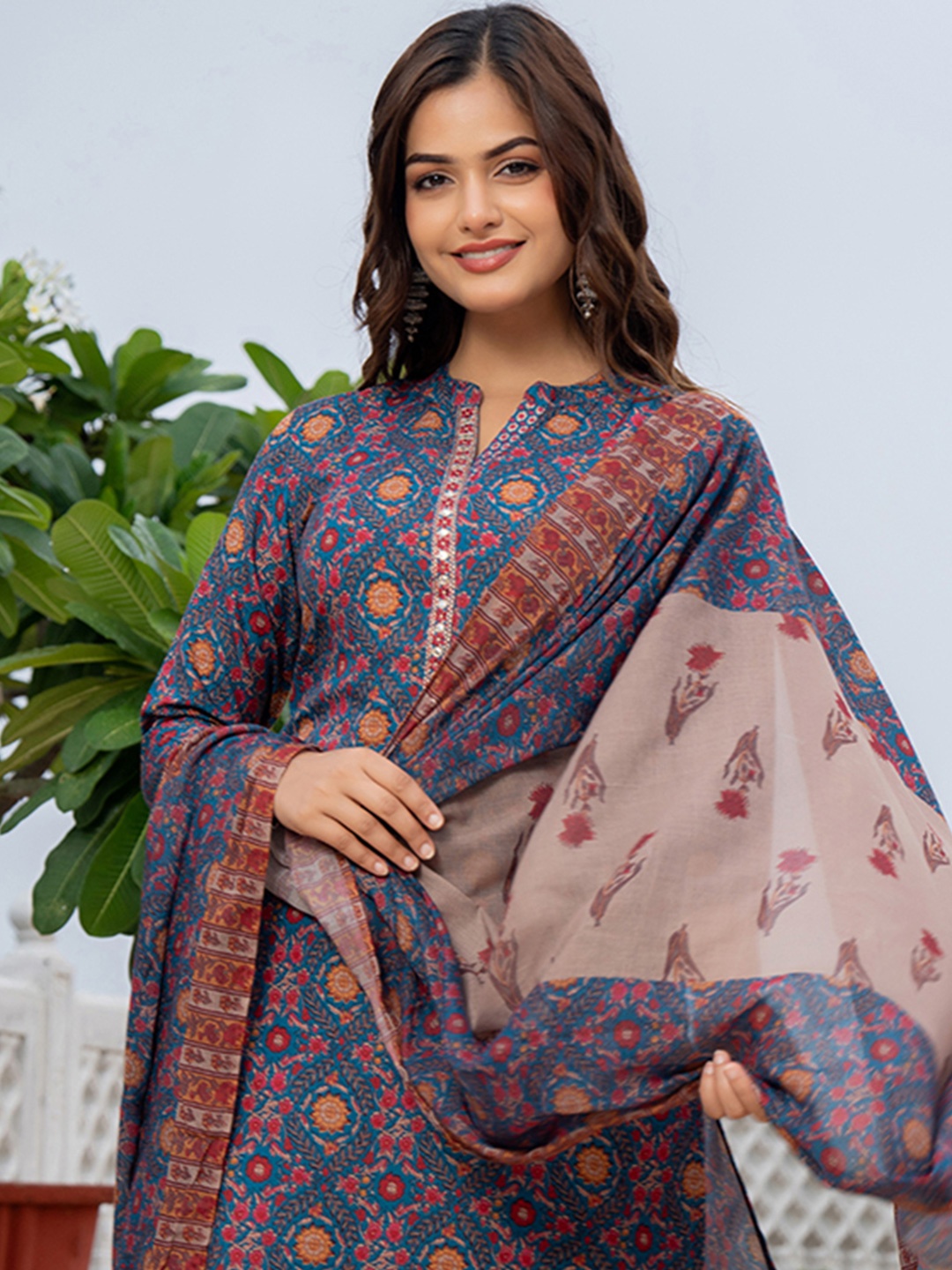 

KALINI Floral Printed Mandarin Collar Mirror Work Regular Kurta with Palazzos & Dupatta, Blue