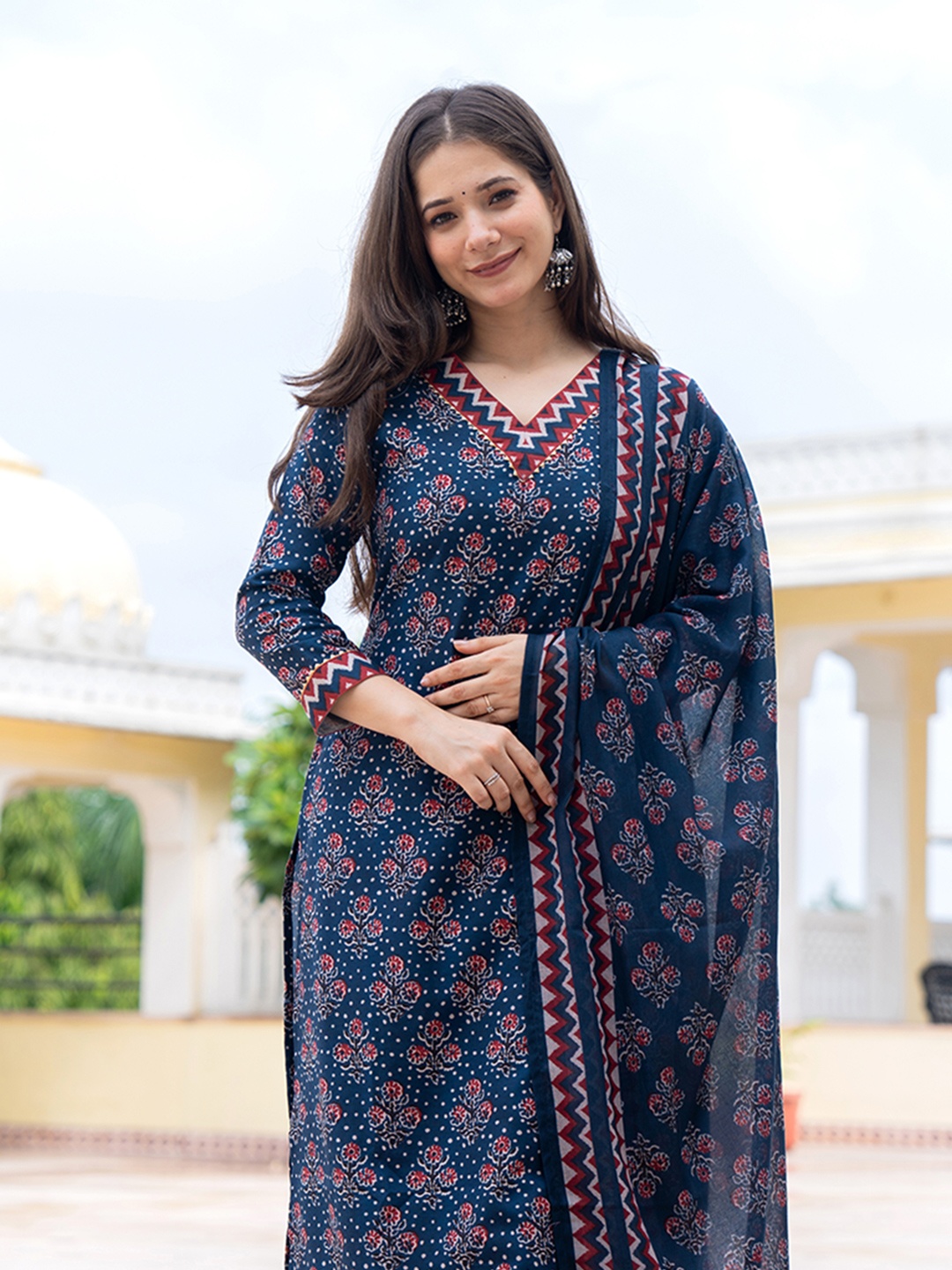 

KALINI Floral Printed Straight Kurta With Trousers & Dupatta, Navy blue