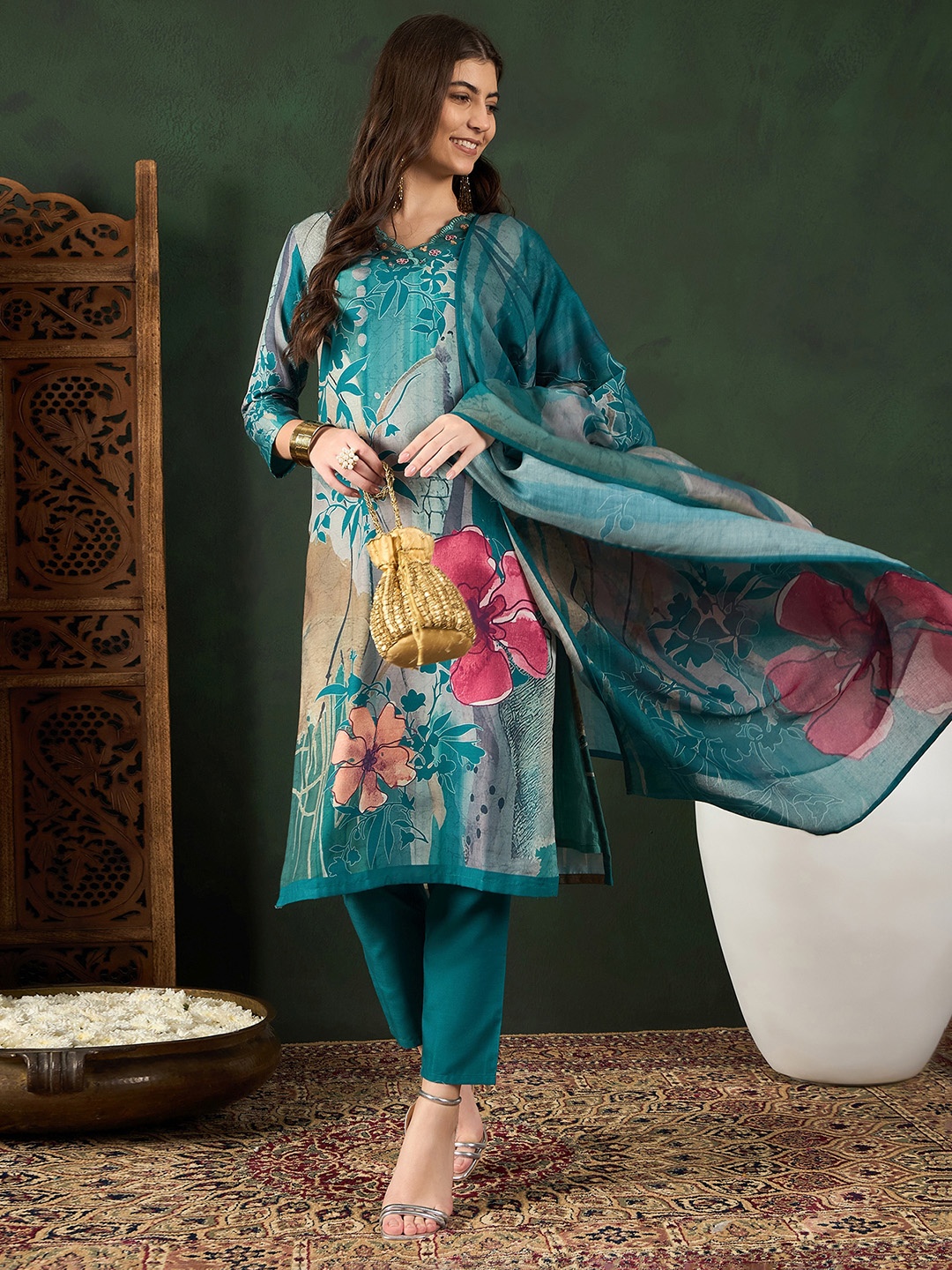 

KALINI Floral Printed Thread Work Straight Kurta With Trousers & Dupatta, Teal