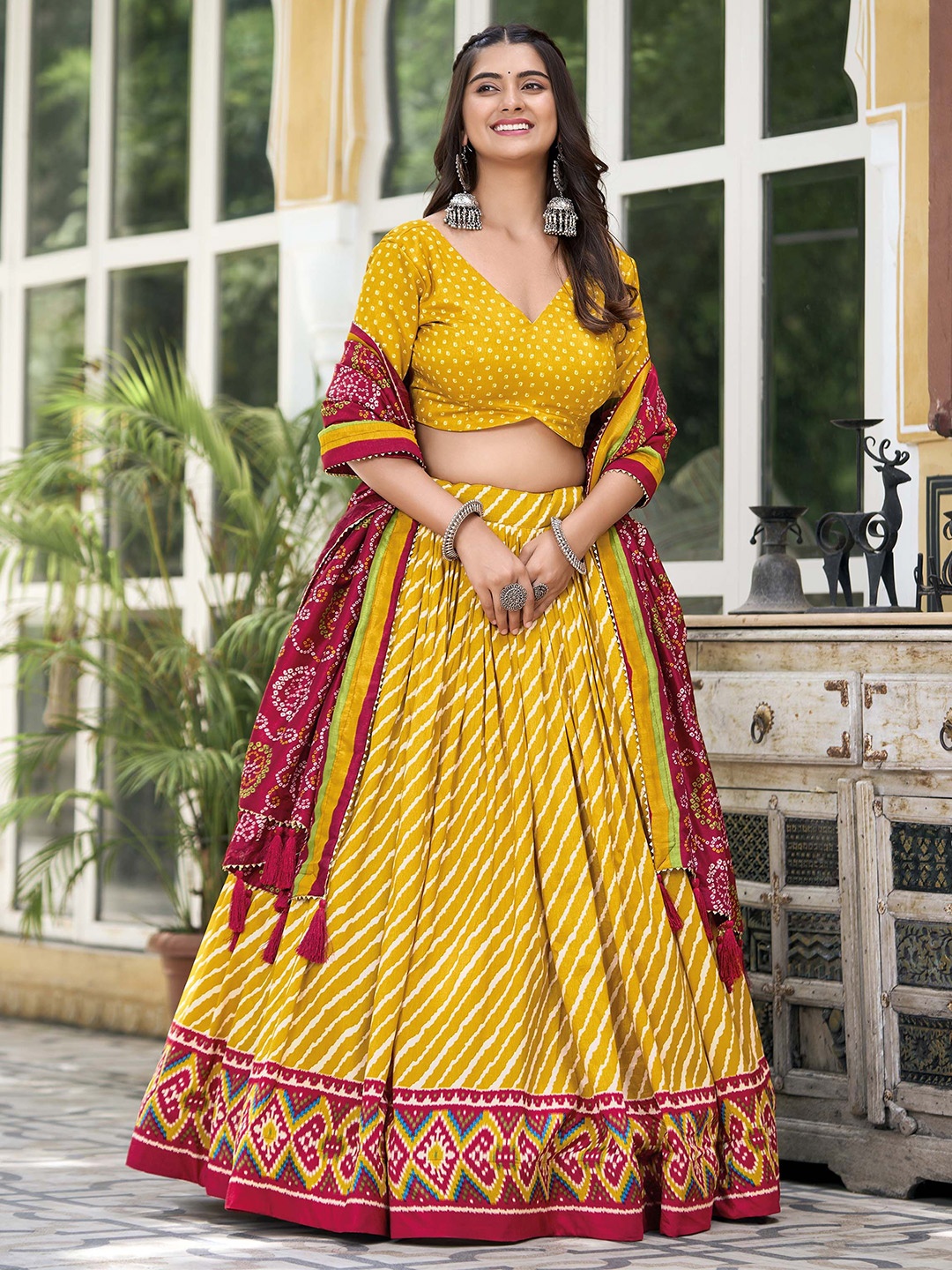 

LOOKNBOOK ART Leheriya Printed Ready to Wear Lehenga & Unstitched Blouse With Dupatta, Yellow