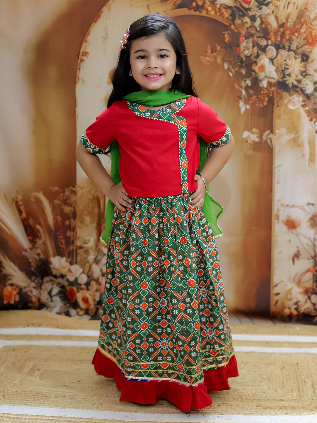 

KID1 Girls Pari Patola Printed Cotton Ready to Wear Lehenga & Blouse With Dupatta, Red