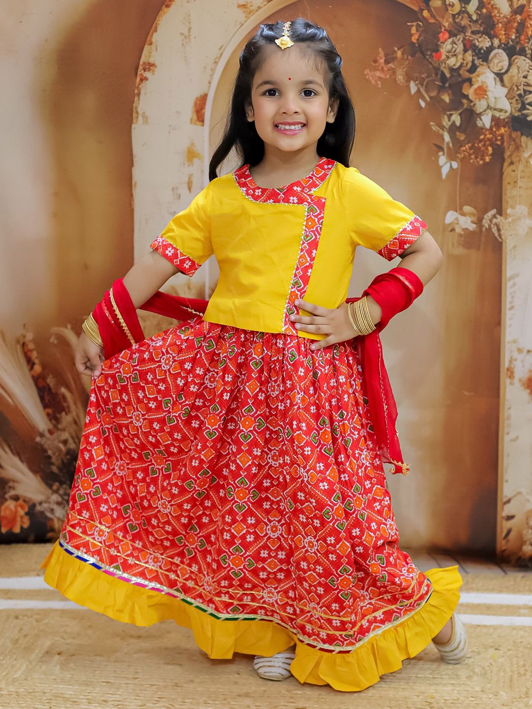 

KID1 Girls Pari Patola Printed Cotton Ready to Wear Lehenga & Blouse With Dupatta, Yellow