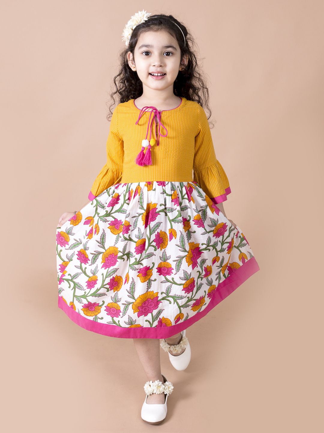 

pspeaches Floral Print Tie-Up Neck Fit & Flare Dress, Yellow