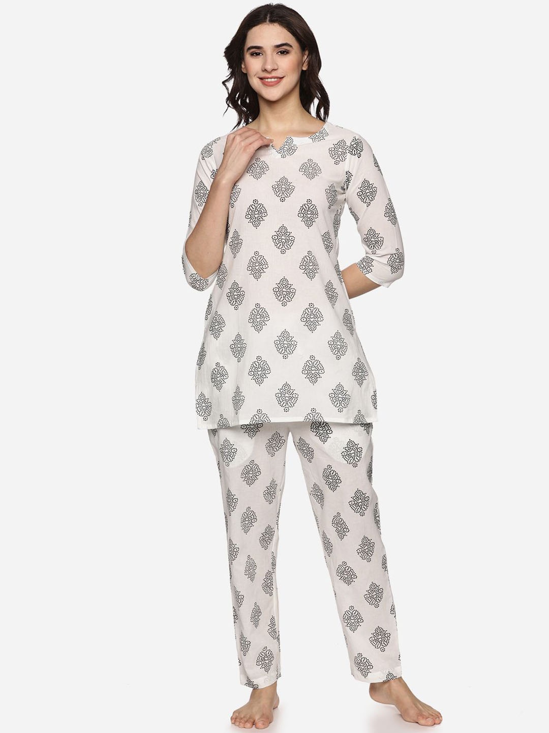 

Palakh Women Printed V-Neck Slip On Pure Cotton Kurti and Pyjamas, White