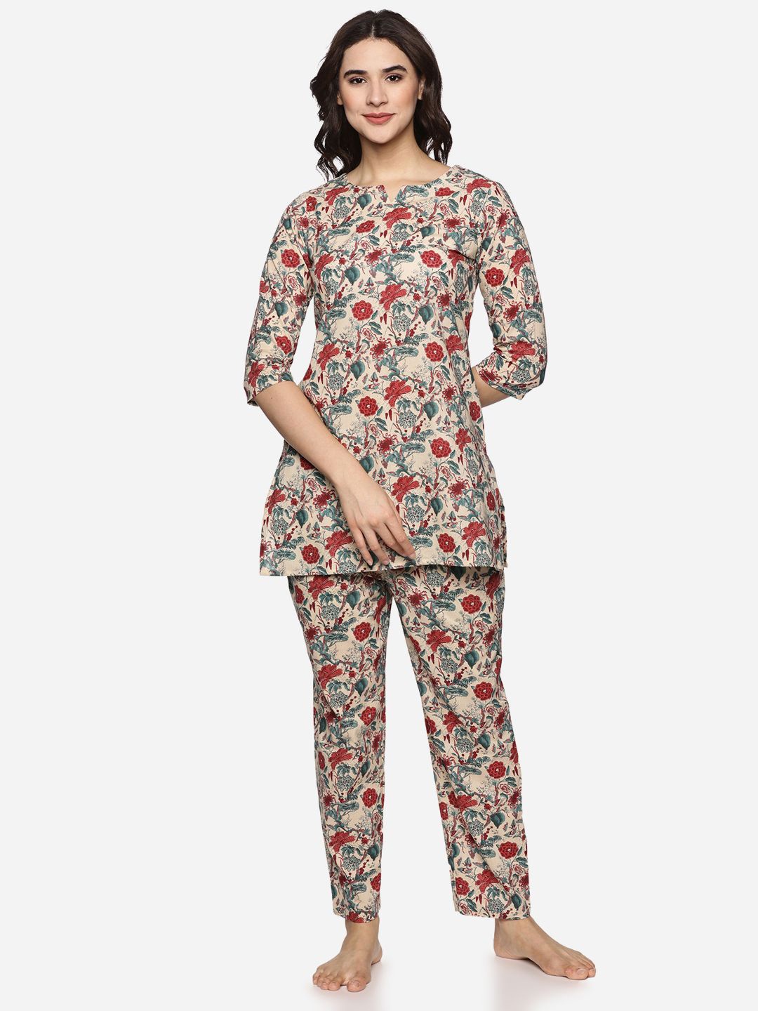 

Palakh Women Floral Printed Pure Cotton Kurti and Pyjamas Night suit, Beige