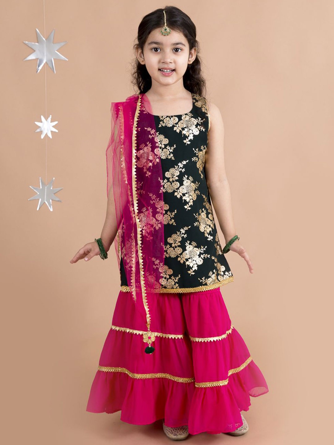 

pspeaches Girls Floral Printed Square Neck Straight Kurta with Sharara & Dupatta, Green