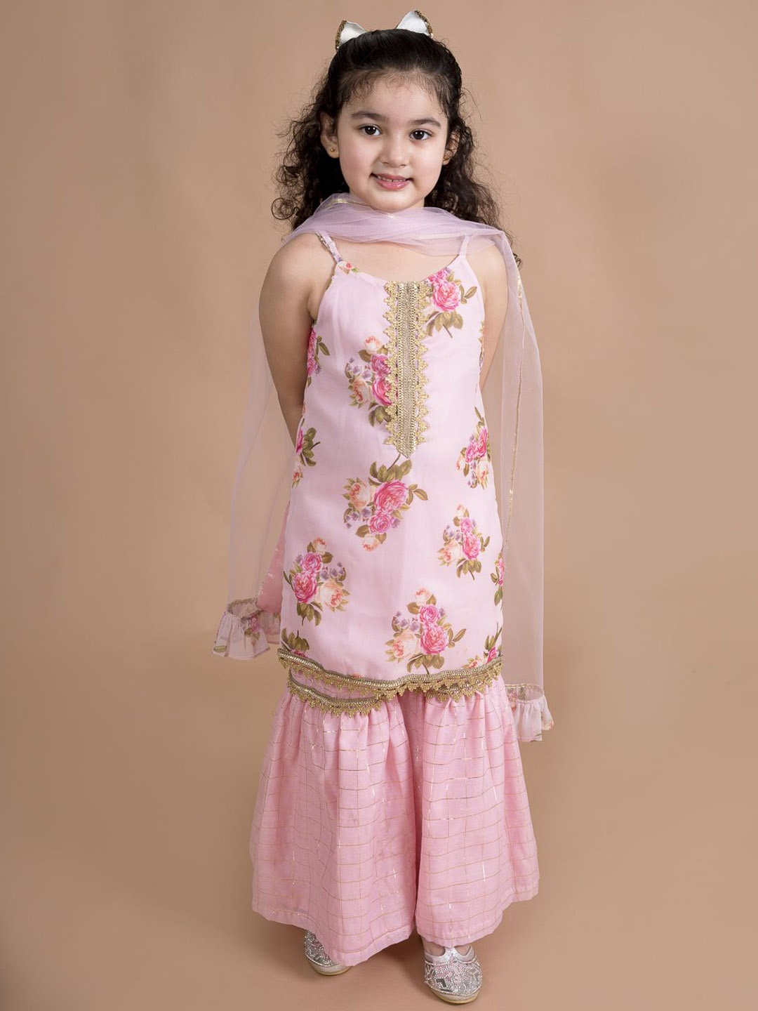

pspeaches Girls Floral Printed Shoulder Straps Gotta Patti Kurta with Sharara & Dupatta, Pink