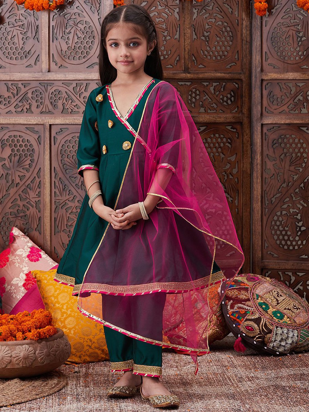 pspeaches Girls Patchwork A-Line Kurta with Trousers & Dupatta, Green