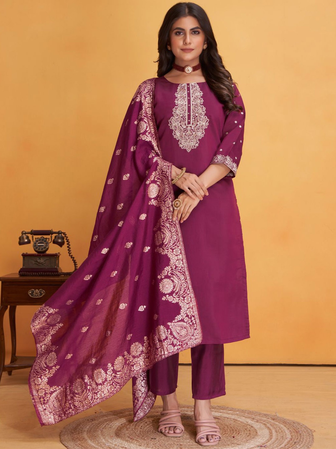 

STYLE SAMSARA Ethnic Motifs Yoke Design Beads and Stones Kurta with Trousers & Dupatta, Maroon