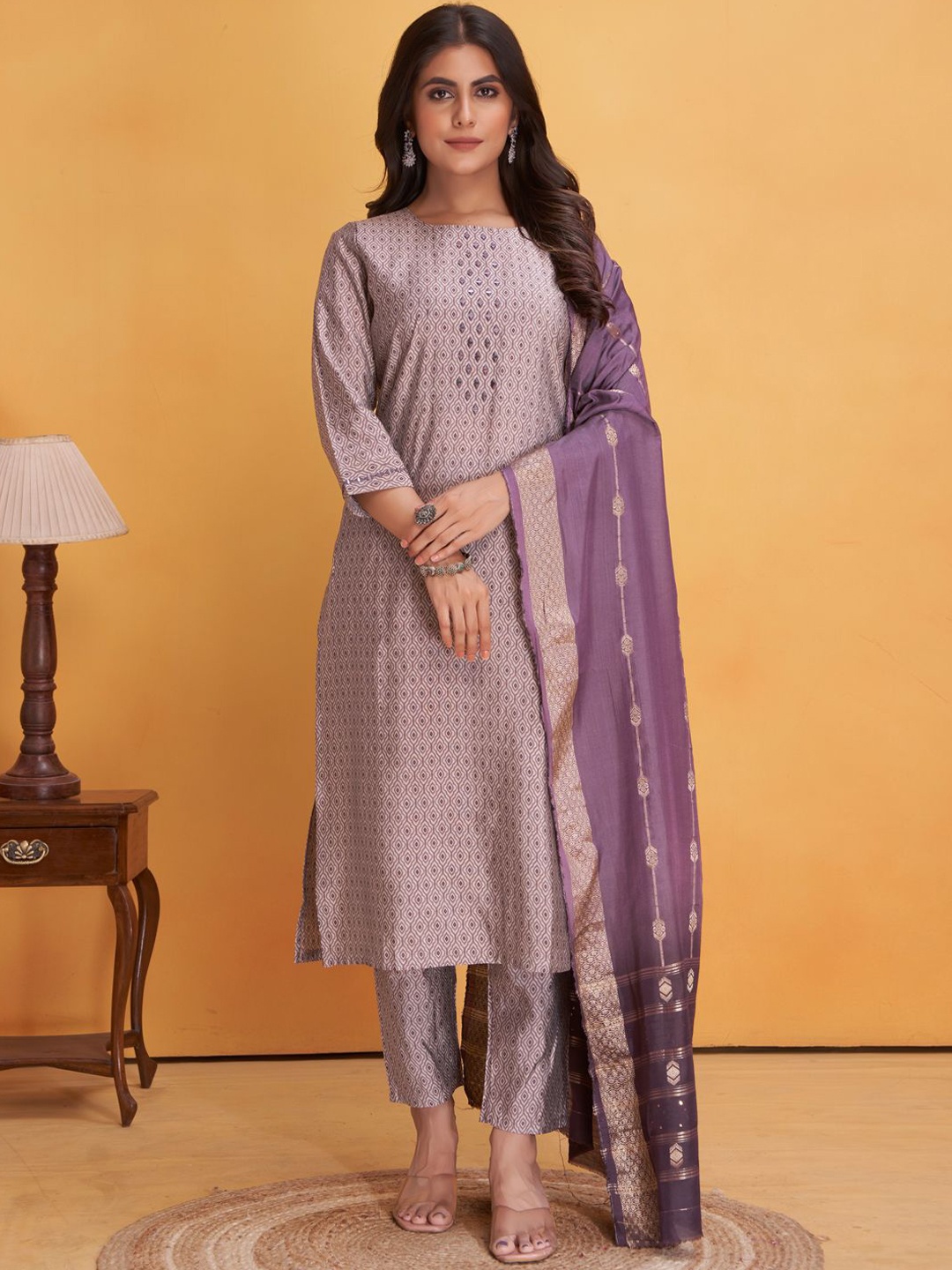 

STYLE SAMSARA Geometric Printed Mirror Work Regular Kurta with Trousers & Dupatta, Magenta