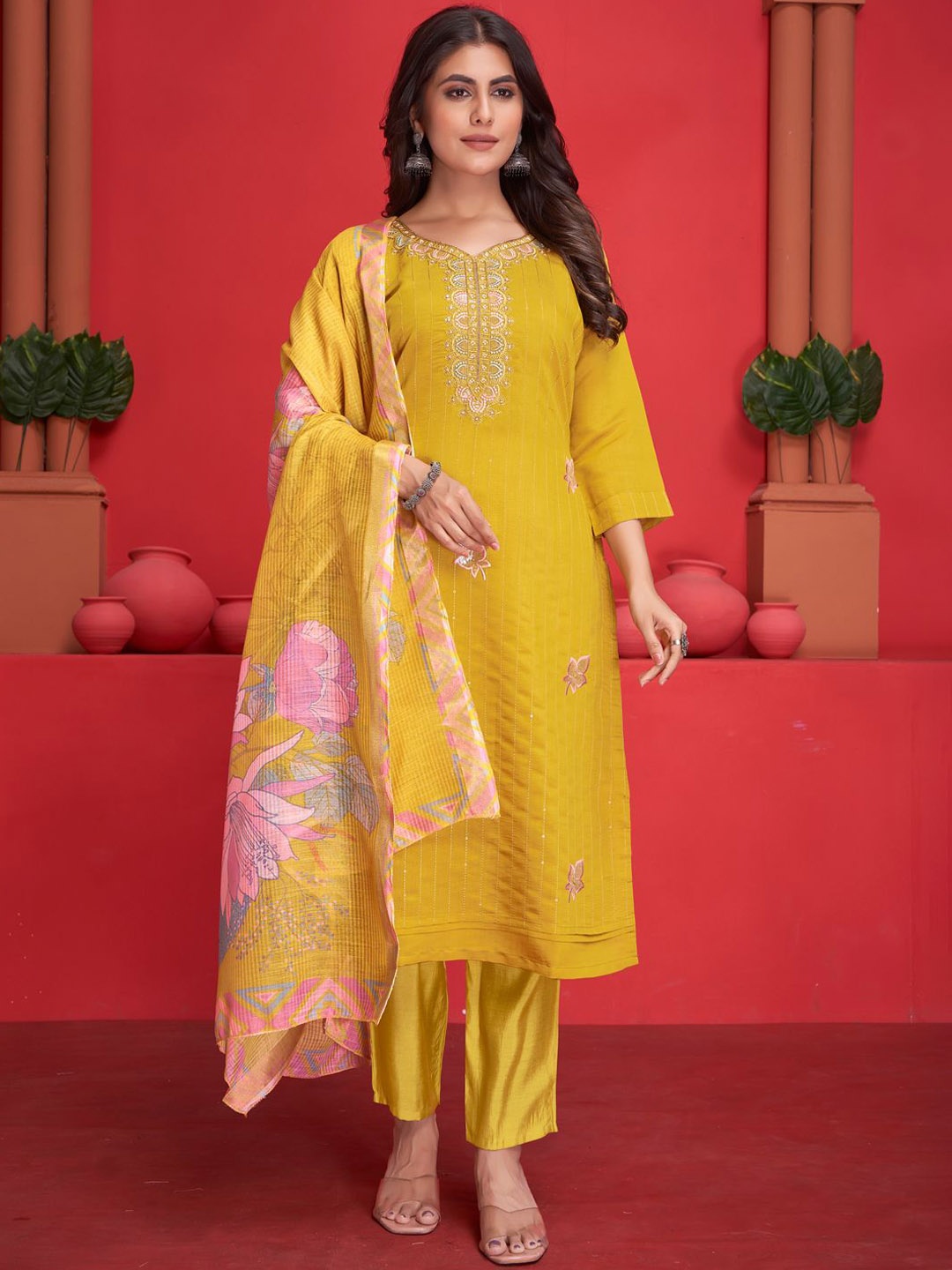

STYLE SAMSARA Embroidered Regular Sequinned Straight Kurta with Trousers & With Dupatta, Yellow